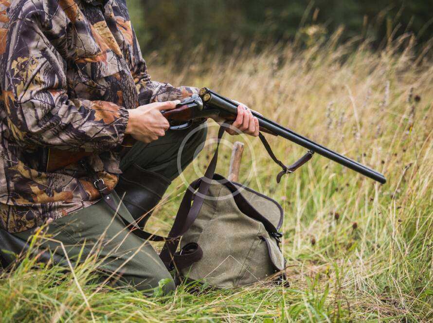 Hunter tracking small and big game in the wilderness.