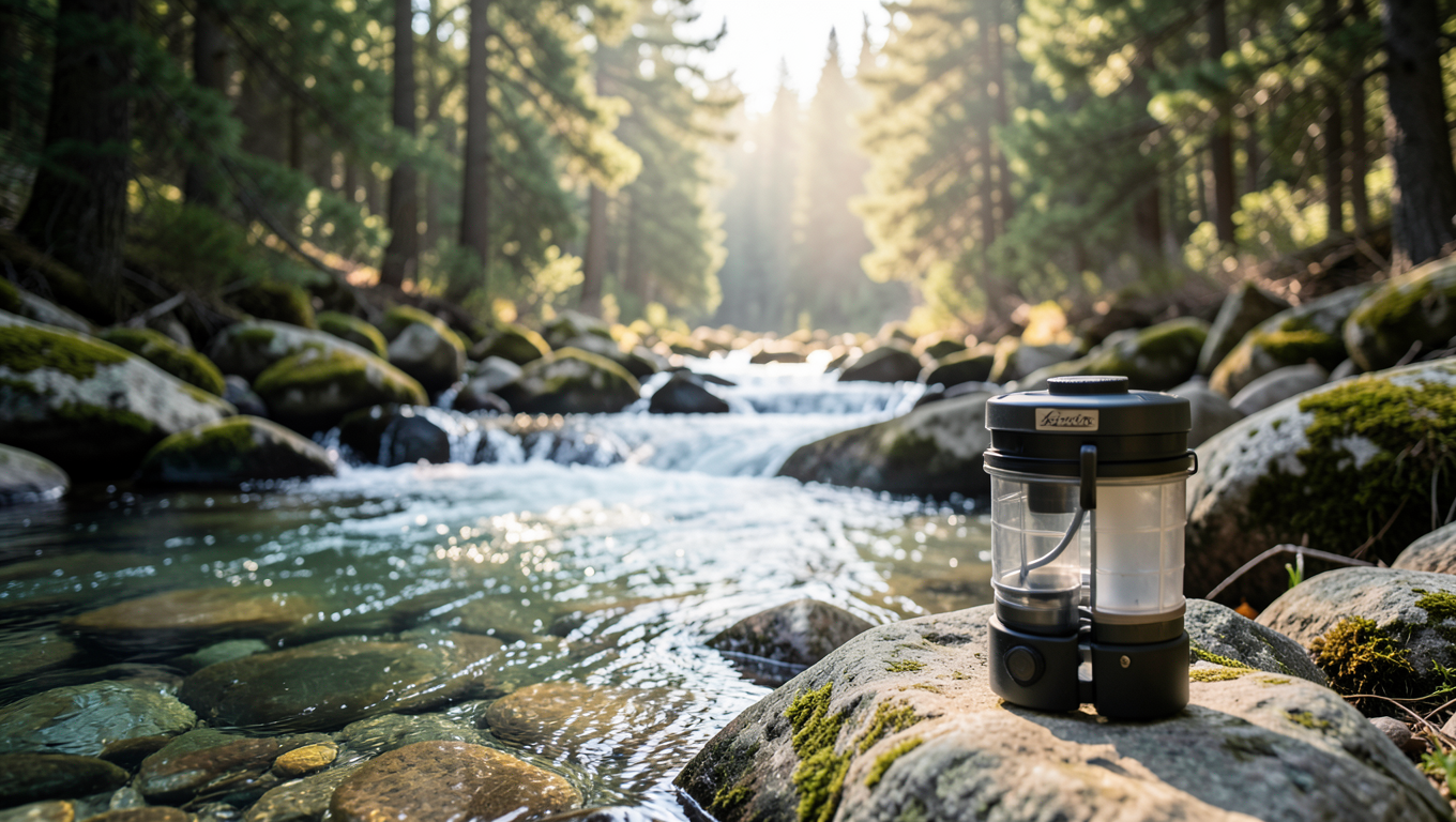 Water filtration system positioned beside clear mountain stream in wilderness setting