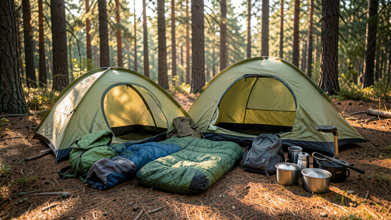 Essential camping gear including tent, sleeping bag, and backpack organized on forest ground in natural lighting