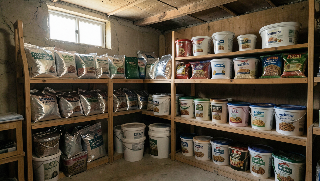 Emergency food storage organized on shelves showing various long-term food storage options including mylar bags and sealed containers