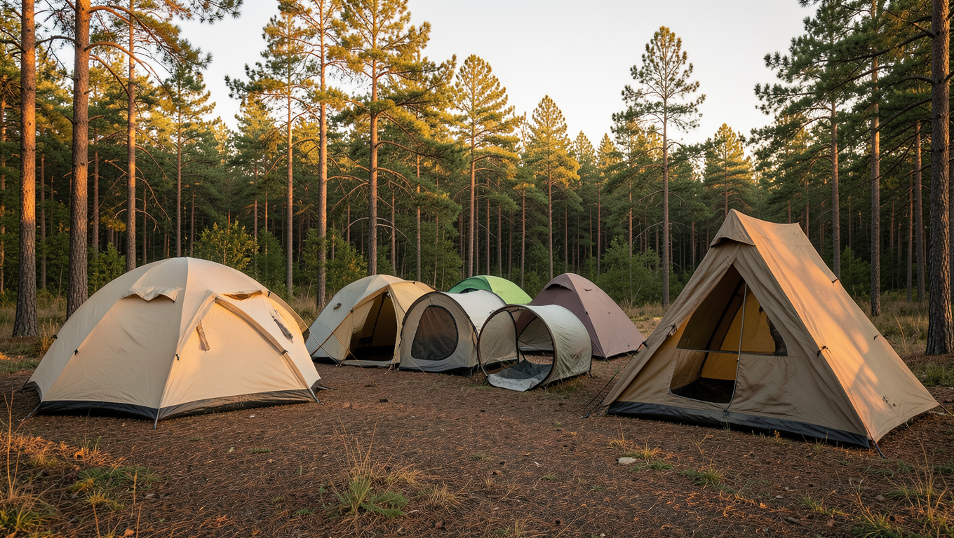 Different types of camping tents displayed side by side in forest clearing showing dome, tunnel, and A-frame designs