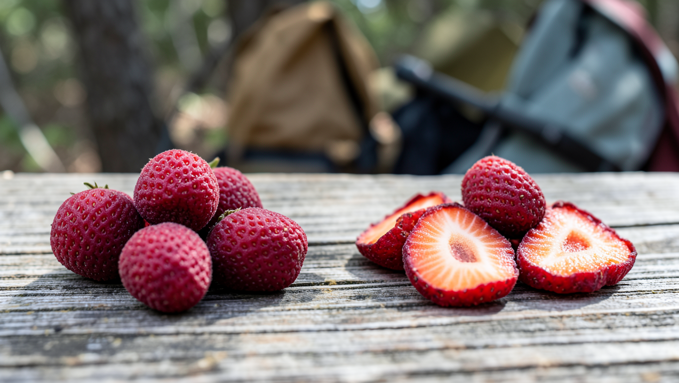 Comparison of freeze dried and dehydrated strawberries showing texture and size differences