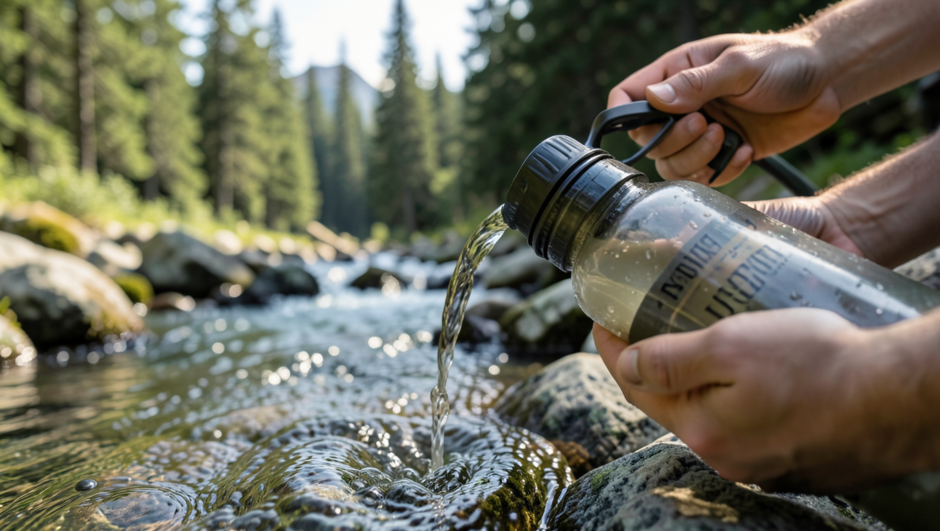 Hiker filtering clear stream water through portable water filter in wilderness setting