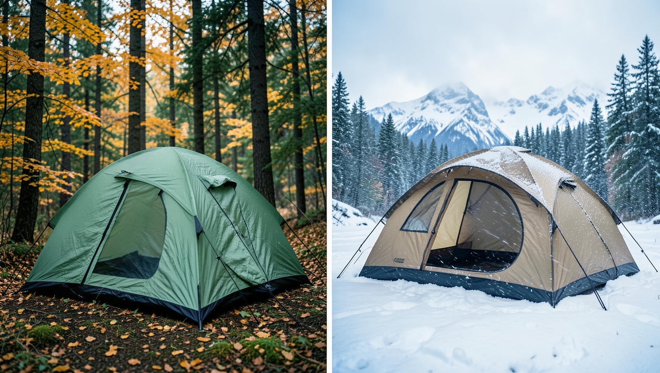 Comparison of 3-season tent in forest and 4-season tent in snowy mountain conditions