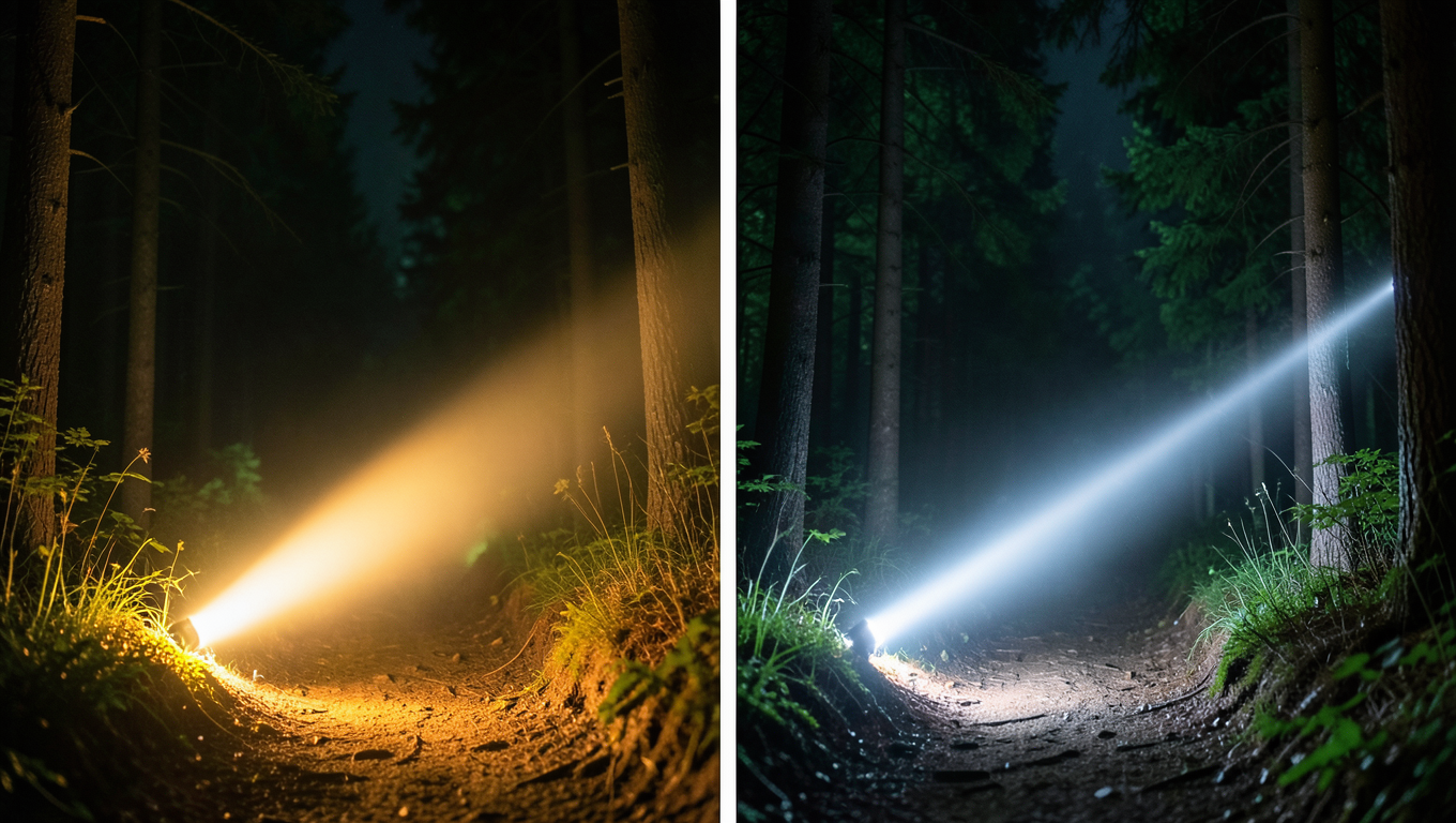 Comparison of headlamp flood beam versus focused spot beam showing different beam distances in forest setting
